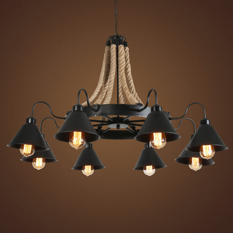 Industrial Black Conical Chandelier - Stylish Iron Suspension Lighting With Wheel And Hemp Detail