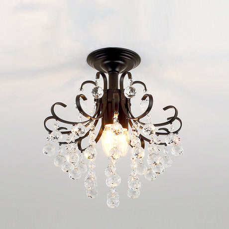 Vintage Swirl Metal Semi-Flush Ceiling Lighting With Crystal Orbs (3 Bulbs) Black