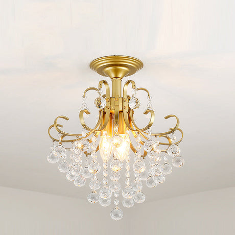 Vintage Swirl Metal Semi-Flush Ceiling Lighting With Crystal Orbs (3 Bulbs) Gold
