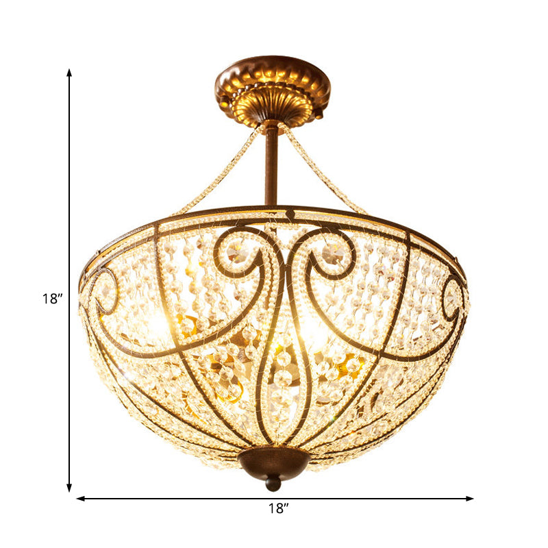 Rustic Bronze Bowl Crystal Ceiling Light - Semi Flush Mount For Bedroom