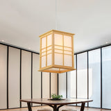 Japanese Style Wooden Pendant Light With 1-Light: Rectangle Sushi House Lamp In Beige Wood