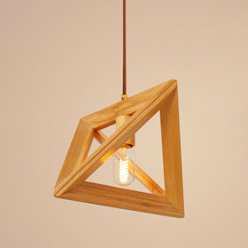 Modern Beige Pendant Lamp With Triangular Wooden Frame - 1-Head Dining Room Ceiling Hang Light