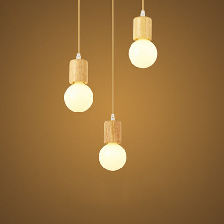 Minimalist Wooden Pendant Light Fixture With 3 Beige Lamp Heads