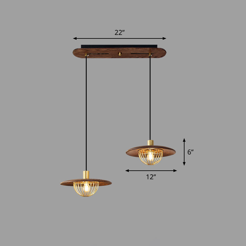 Contemporary Disc Pendant Light With Wooden Finish And Cage Bottom - 1-Light Ceiling Lighting 2 /