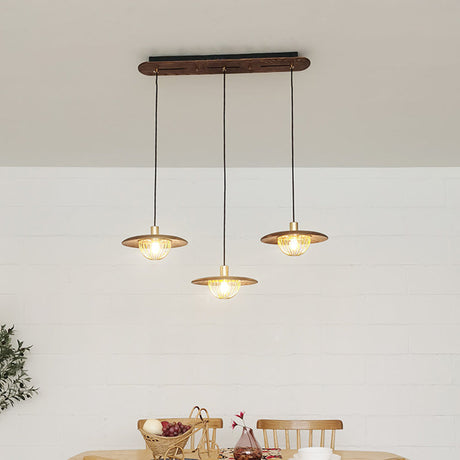 Contemporary Disc Pendant Light With Wooden Finish And Cage Bottom - 1-Light Ceiling Lighting