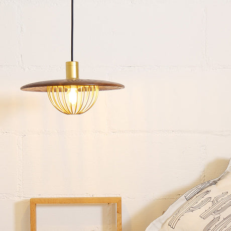 Contemporary Disc Pendant Light With Wooden Finish And Cage Bottom - 1-Light Ceiling Lighting