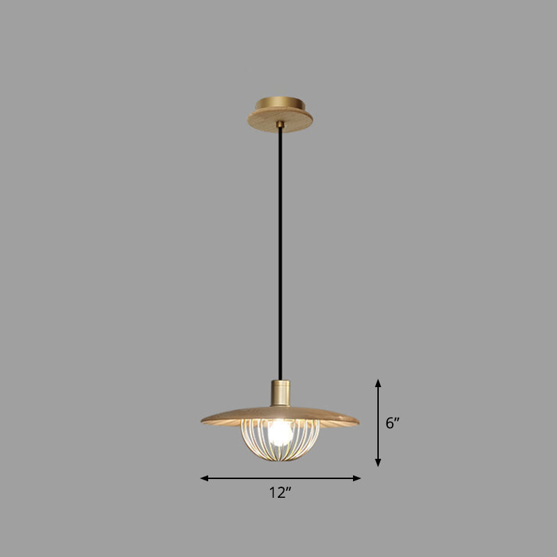 Contemporary Disc Pendant Light With Wooden Finish And Cage Bottom - 1-Light Ceiling Lighting 1 /