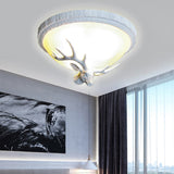 Elk-Themed Countryside Flush Mount Ceiling Lamp With 3 White Glass Lights For Bedroom