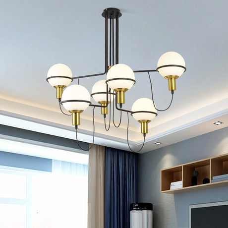 Modern Gold Radial Chandelier With White Glass Sphere Shades - Multi-Light Metal Hanging Lamp