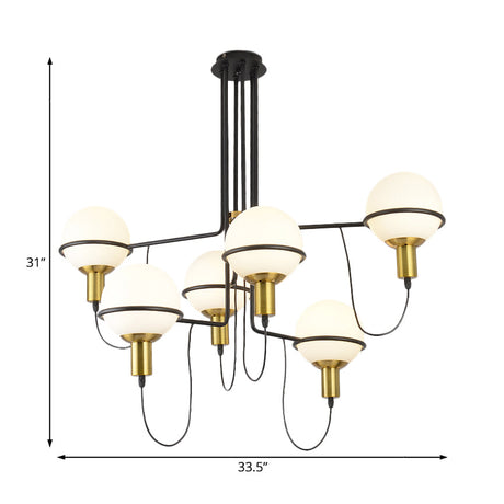Modern Gold Radial Chandelier With White Glass Sphere Shades - Multi-Light Metal Hanging Lamp
