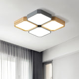 Led Checkered Ceiling Light: Nordic Grey Metal And Wood Fixture For Living Room
