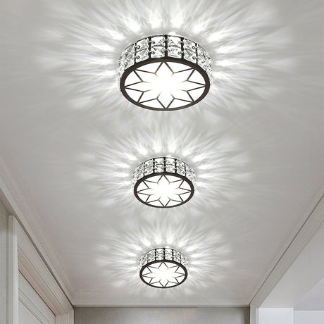 Minimalist Black Metal Round Led Ceiling Spotlight With Crystal Inserts - Flush Mount Lighting /