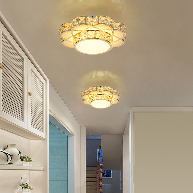 Led Flush-Mount Flower Ceiling Light With Gold Finish & Clear Crystal Shade - Modernist Design