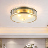 Modern Brass Flush Mount Ceiling Light Simplicity Drum Shape Ribbed Clear Glass For Bedroom