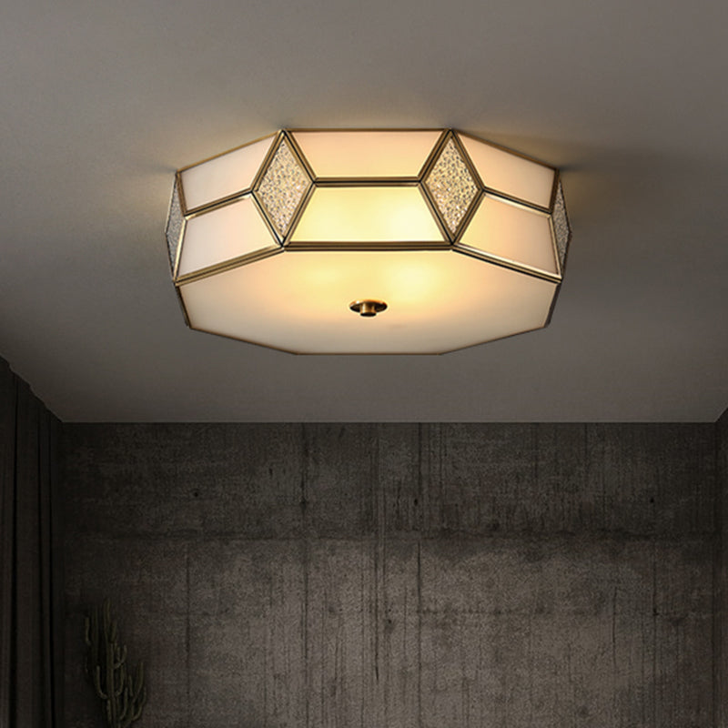 Octagon Flush Mount Bedroom Ceiling Light Fixture With Minimalistic Textured White Glass And Brass