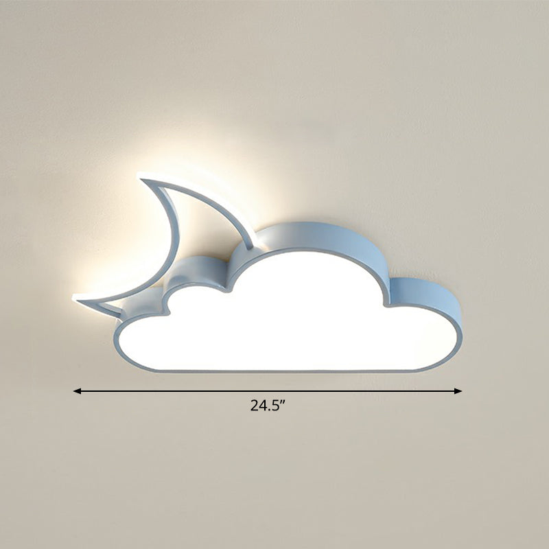 Childrens Metal Moon And Cloud Led Ceiling Fixture For Bedroom - Flush Mount Light Blue / 24.5