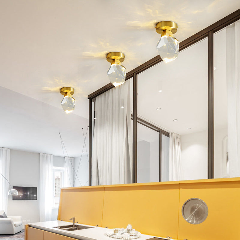 Gemstone Crystal Mini Ceiling Light In Brass Finish - Led Semi Flush Mount Fixture