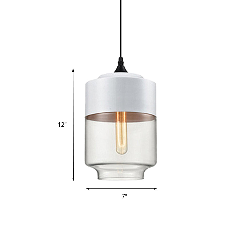 Modern 1-Light Glass Suspension Pendant In White/Black - 5/7/8 Wide Drum/Cylinder/Jar Clear/Yellow