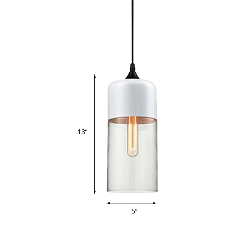 Modern 1-Light Glass Suspension Pendant In White/Black - 5/7/8 Wide Drum/Cylinder/Jar Clear/Yellow