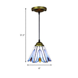 Tiffany-Style Handcrafted Art Glass Pendant Ceiling Lamp - Wide Flare 1-Bulb Blue Flower Pattern