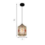 Tiffany Style Red/Green Stained Glass Hanging Light - 1-Light Stainless Cylinder Pendant With