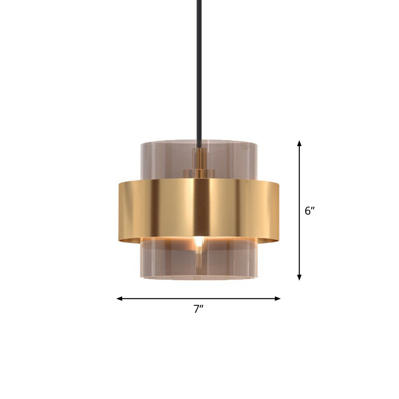 Nordic Cognac Glass Pendant Light With Gold Ring Guard