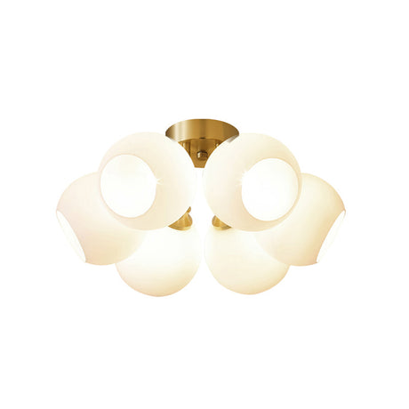 Sleek Brass Domed Semi Flush Mount Ceiling Lamp With Cream Glass - Stylish Bedroom Lighting