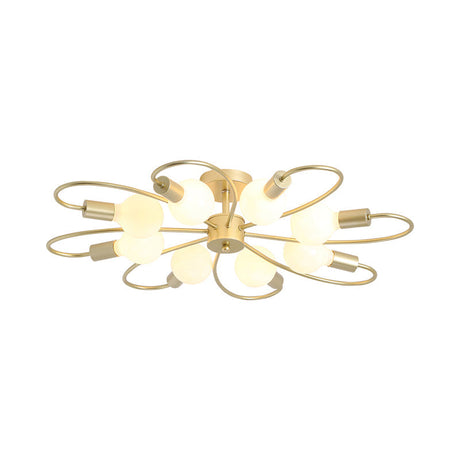 Modern Metal Brass Semi Flush Mount Light For Living Room - Open Bulb Design Ceiling Fixture