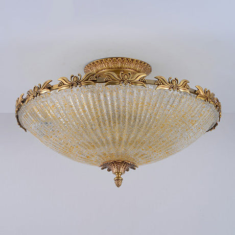 Brass Semi-Flush Antiqued Bowl Light With Clear Variegated Glass