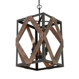 Black Metal Rectangle Cage Pendant Light With Rhombus Wood Design - Lodge Style Décor