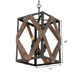 Black Metal Rectangle Cage Pendant Light With Rhombus Wood Design - Lodge Style Décor