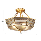 Traditional Octagon Semi Flush Ceiling Light - Textured Glass Brass Finish Ideal For Bedroom