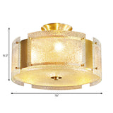 Traditional Brass Drum Semi Flush Mount Lamp With Textured Glass - 4-Head Ceiling Light For Living