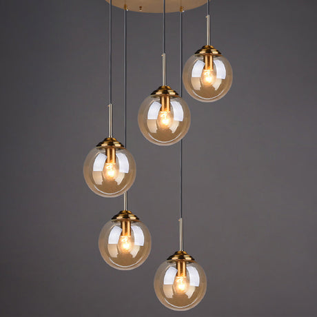 Brass Finish Cluster Ball Pendant - Post-Modern Glass Suspended Lighting Fixture With 5 Bulbs Amber