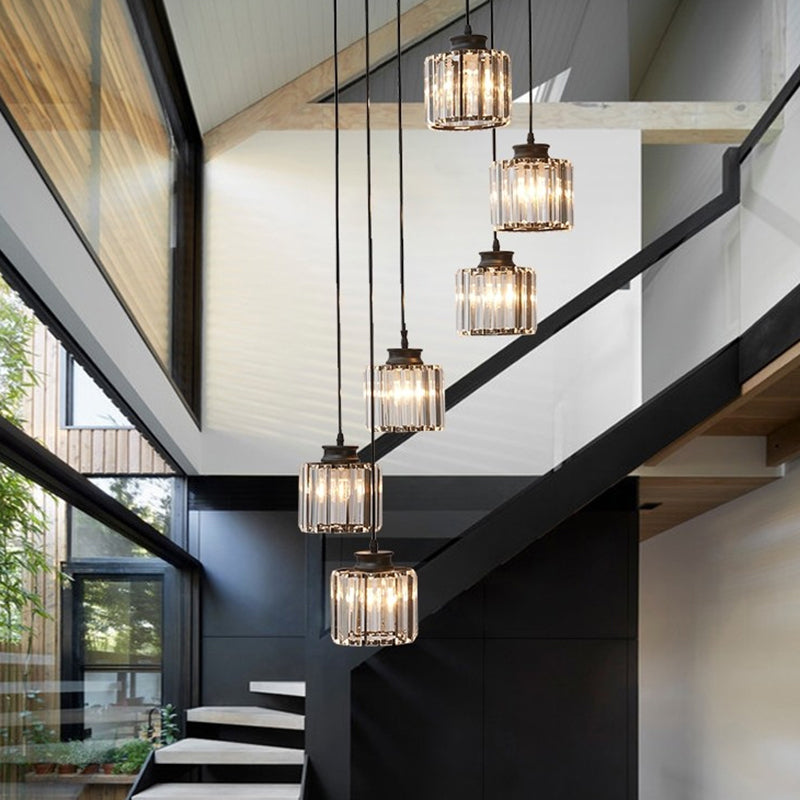 Minimalist Crystal Pendant Ceiling Light With Multiple Lamps And Stairway Design