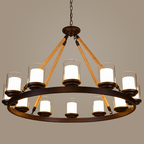 Farmhouse Clear Glass Cylindrical Suspension Lamp With Rope Arm 12 / Cream
