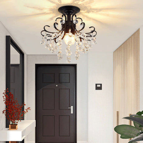 Vintage Swirl Crystal Semi-Mount Ceiling Light (Black) - 3-Bulb For Foyer