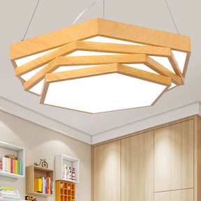 Modern Led Office Chandelier In Light Wood With Spiral Hexagon Acrylic Suspension Lighting / White