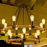 Farmhouse Black Circular Manila Rope Chandelier Pendant Light For Restaurant Ceiling
