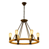 Farmhouse Black Circular Manila Rope Chandelier Pendant Light For Restaurant Ceiling