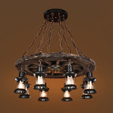 Nautical Wooden Wagon Wheel Chandelier: 8-Bulb Pendant Light Fixture With Lantern In Brown
