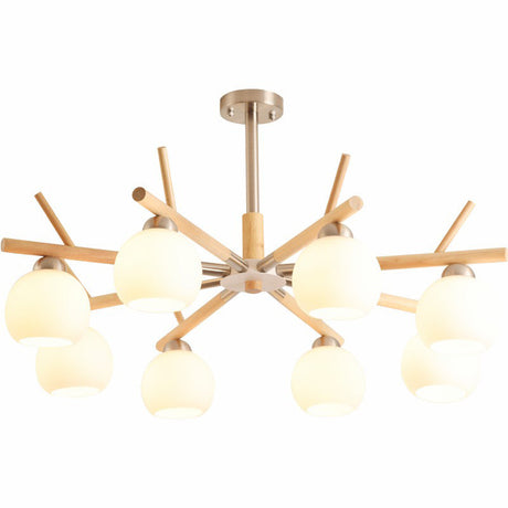 Dome Chandelier: Minimalist White Glass Hanging Light For Living Room With Rustic Wood Twig Deco