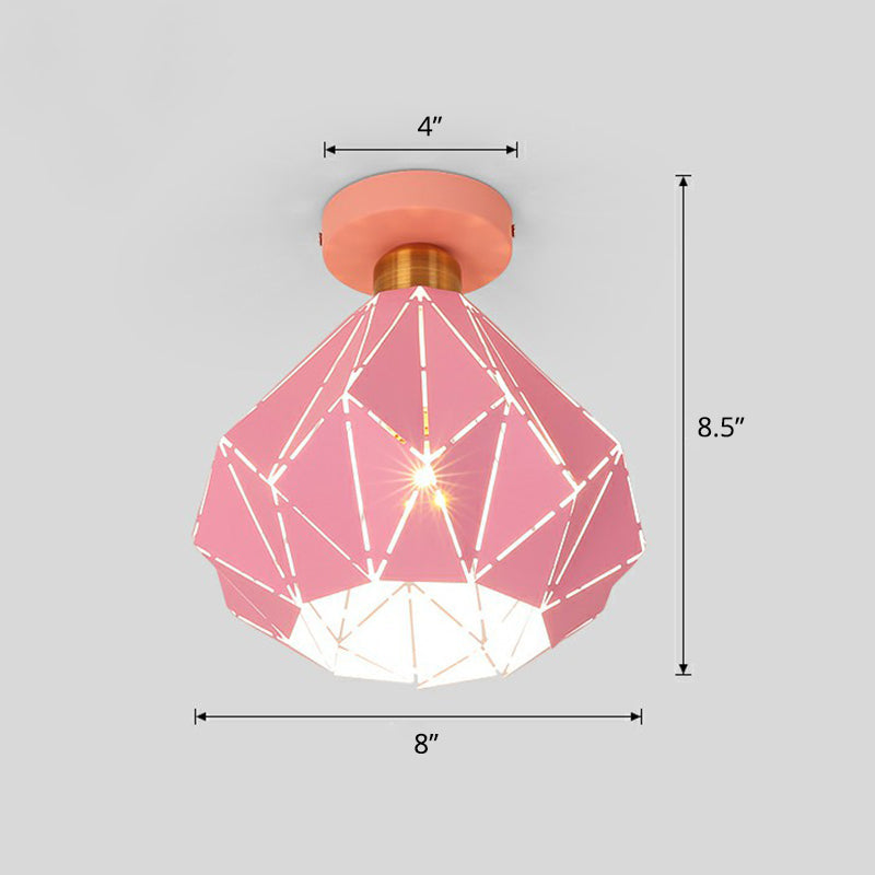 Macaron Iron Ceiling Light: Laser-Cut Diamond Shape Semi Flush Mount 1 Head For Corridors Pink