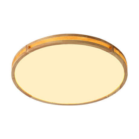 Nordic Led Beige Flush Mount Ceiling Light With Wooden Disc And Acrylic Diffuser