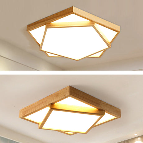 Nordic Led Wood 2-Tier Flush Light: Bedroom Ceiling Mounted Acrylic Lamp