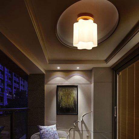 Minimalistic Milky Glass Prism Floral Ceiling Flush Light With Wood Flushmount Design - Ideal For