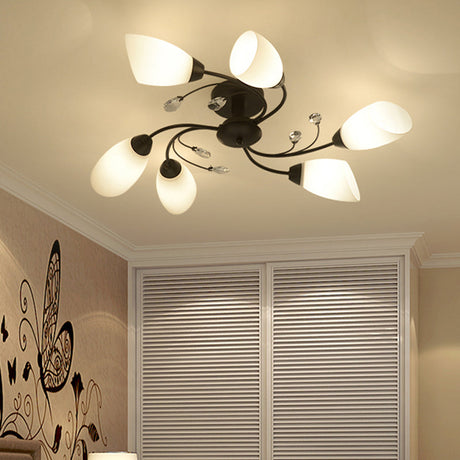 Rustic Black Opal Glass Semi Flush Ceiling Light With Floral Swirl Design - Ideal For Living Room
