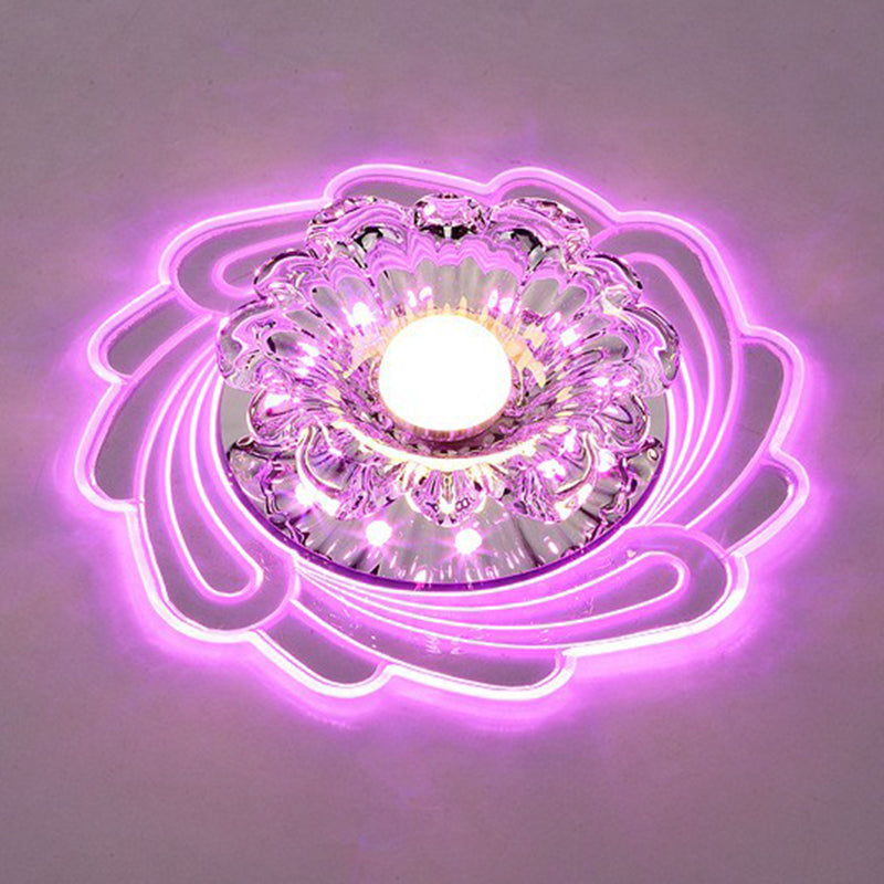 Minimalist Clear Led Crystal Flower Flush Mount Light For Corridor / Pink