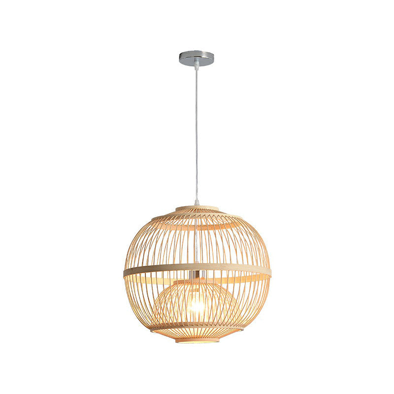 Nordic Bamboo Pendant Lamp - Wood Rounded Cage Suspension Light For Dining Room