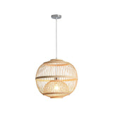 Nordic Bamboo Pendant Lamp - Wood Rounded Cage Suspension Light For Dining Room